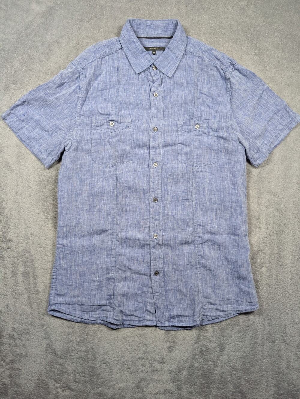 RW & CO Womens 100% Linen Short Sleeve Button Front Shirt Size Medium Light Blue